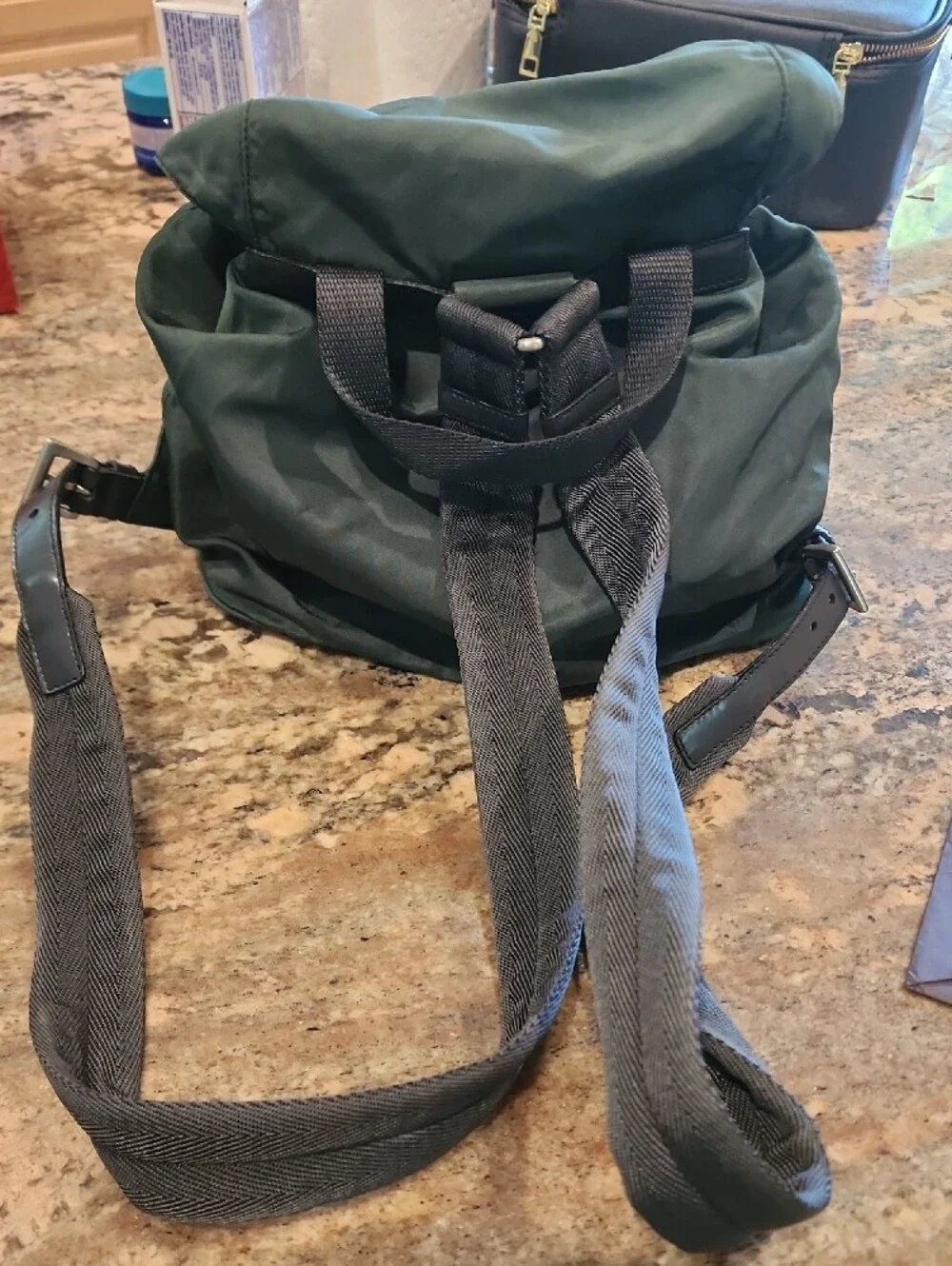 90s Clasaic Prada Dark Green Nylon Backpack with Black Trim